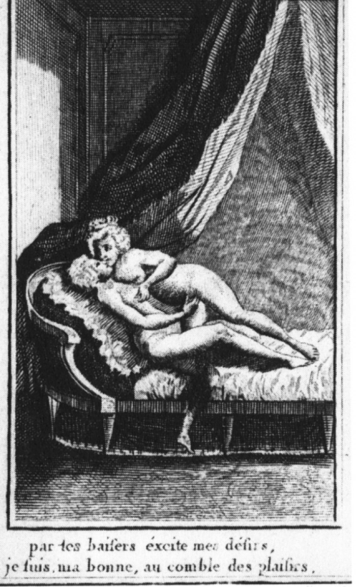 Figure 2. Typical lesbian depiction involving Marie Antoinette and the duchess of Pequigny. Louis Binet. From Marie-Jo Bonnet, Les Deux Amies (paris: Éditions Blanche, 200). Accessed at http://sappho.fromthesquare.org/?p=75 Text reads: “With your kisses, excite my desires, I am, my darling, at the height of pleasure.” 